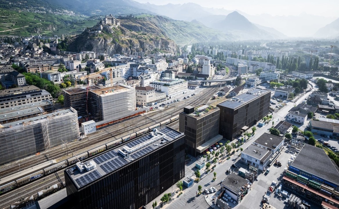 Aerial view of Sion and the HES-SO Valais-Wallis Energypolis Campus in Switzerland